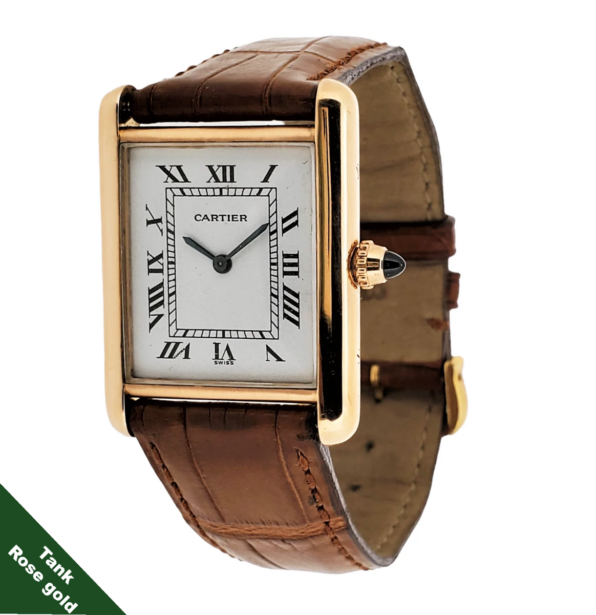 Mens Rebirth Classic Tank Rose Gold Tone Brown Leather Band Analog Watch WB