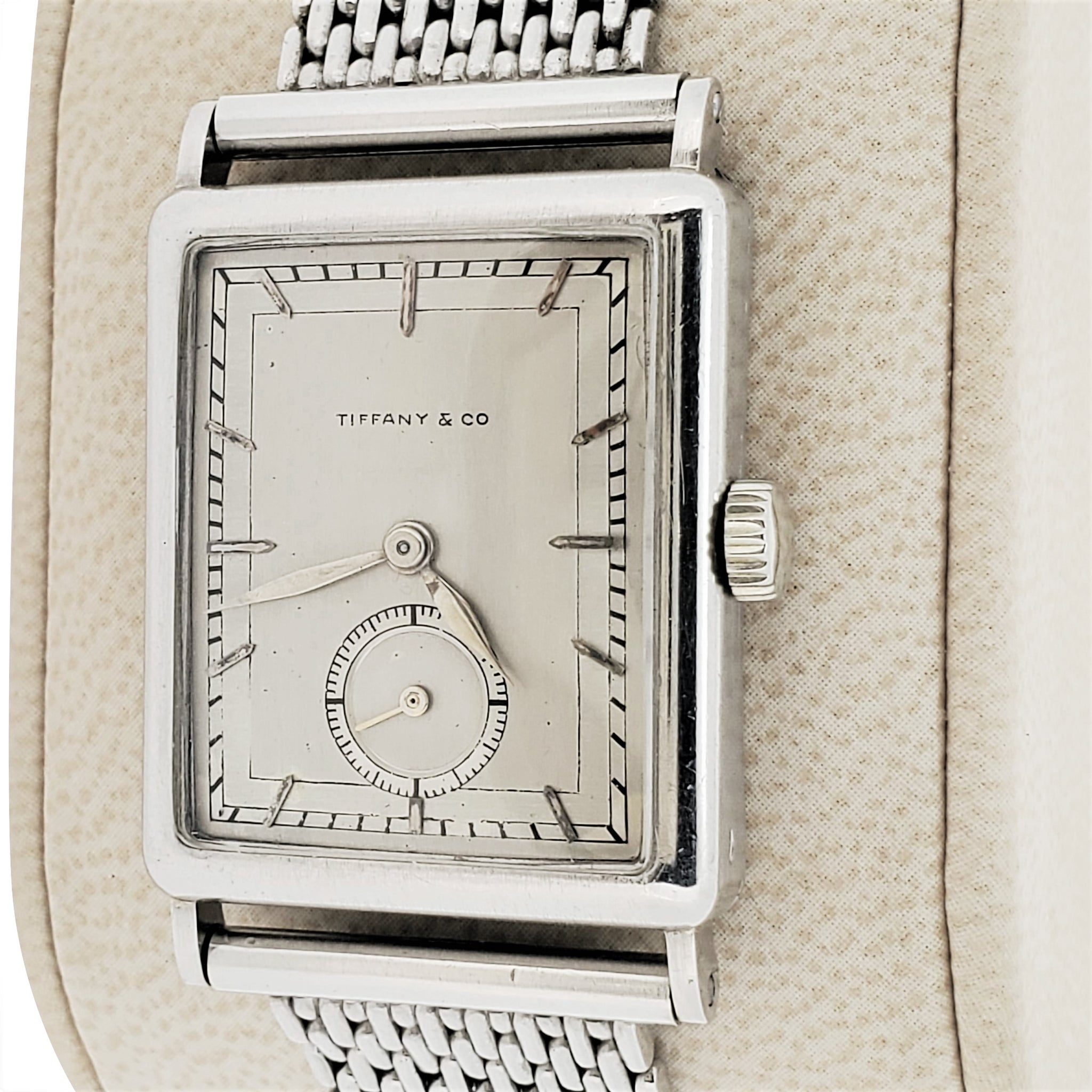 Patek Philippe Tiffany Co. Early Platinum Art Deco Rectangular Tank Style Watch Circa 1930 s